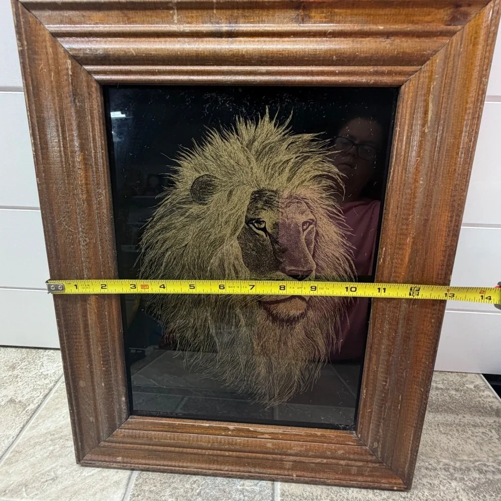 Vintage 1980 Liberty Design & Mirror Co Lion Etched Glass Black Mirror Wood Fram